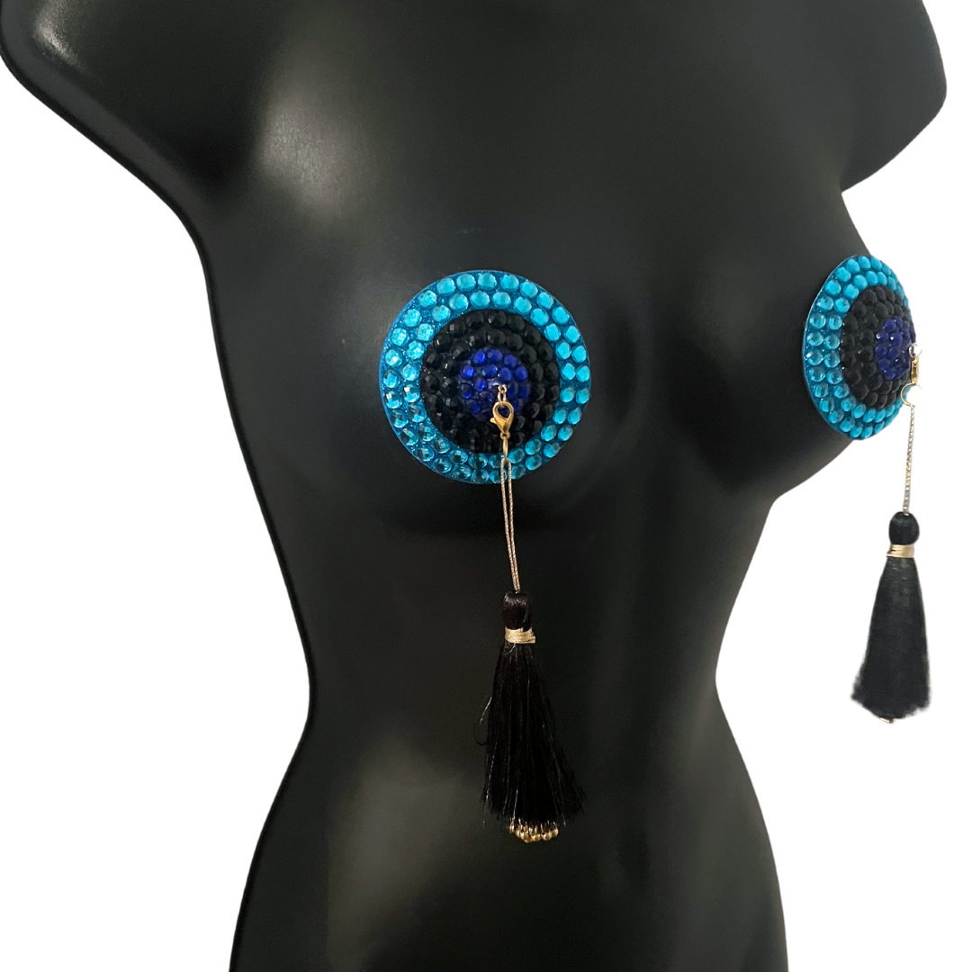 VELVET UNDERGROUND Blue, Aqua and Black Crystal Pasties, Nipple Covers with Tassels (2pcs