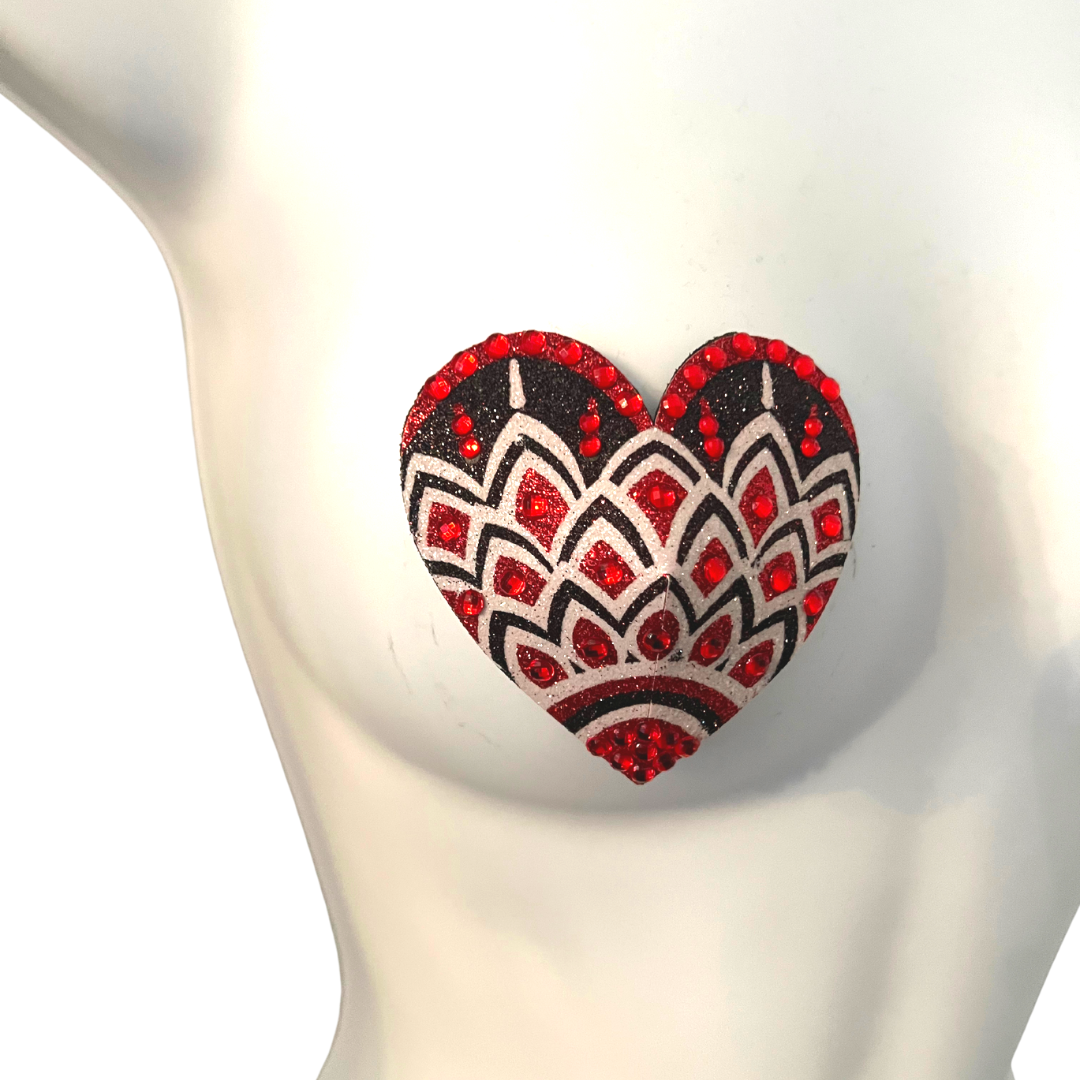 ALI ROSE Mosaico rojo, blanco y negro con purpurina en forma de corazón y gema para pezones, fundas (2 unidades) para raves y festivales de lencería burlesca