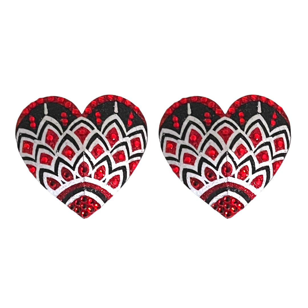 ALI ROSE Mosaico rojo, blanco y negro con purpurina en forma de corazón y gema para pezones, fundas (2 unidades) para raves y festivales de lencería burlesca