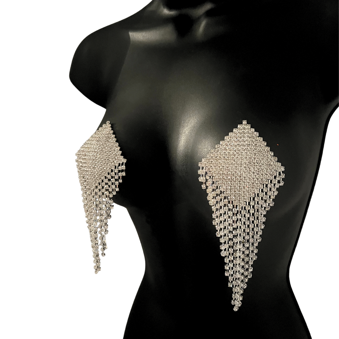 BELLA BOMBSHELL Diamond Shape Rhinestone  - Nipple Pasties Covers (2pcs) with Rhinestone Fringe Tassels