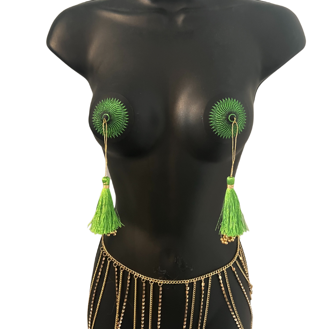 SUN GODDESS Glitter et Black Nipple Pasty, Cover (2pcs) avec pompon perlé doré Burlesque Lingerie Raves et Festivals