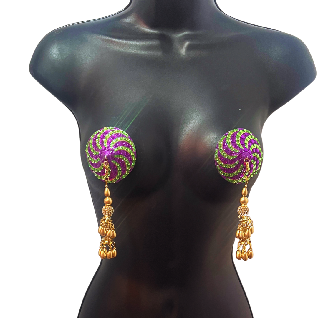 BAYOU BLING Mardi Gras Themed Nipple Pasties Covers (2pcs) with Removable Gold Hand Beaded Tassels