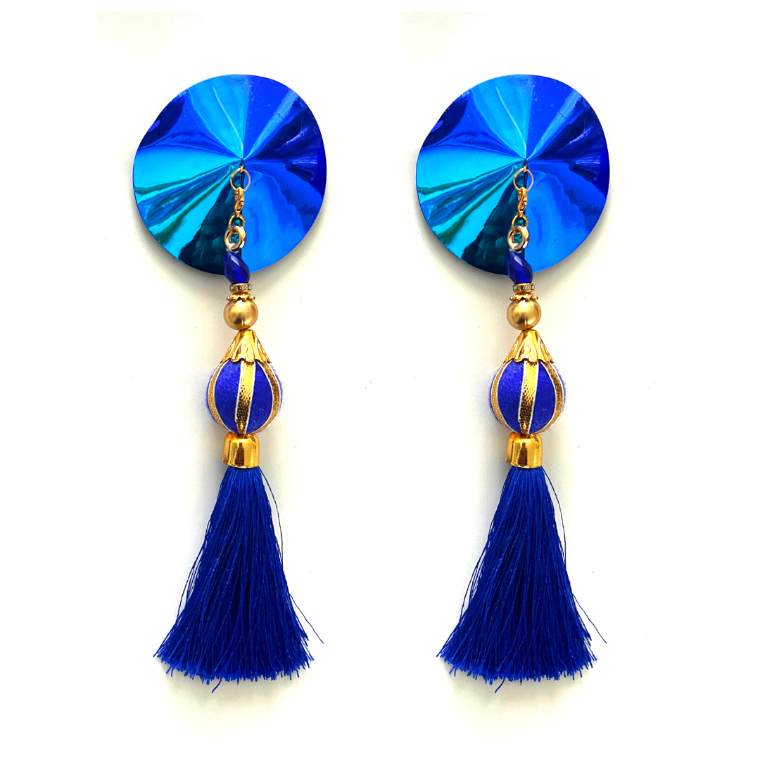 MINA VON VIXEN Royal Blue Nipple Pasty, Covers (2pcs) with 2 Pairs of Removable Tassels! For Lingerie Festivals Carnival Burlesque Raves