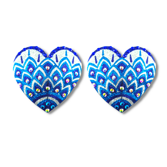 JOSEPHINE Blues and White Mosaic Glitter Heart and Gem Nipple Pasty, Covers (2pcs) pour les raves et les festivals de lingerie burlesque