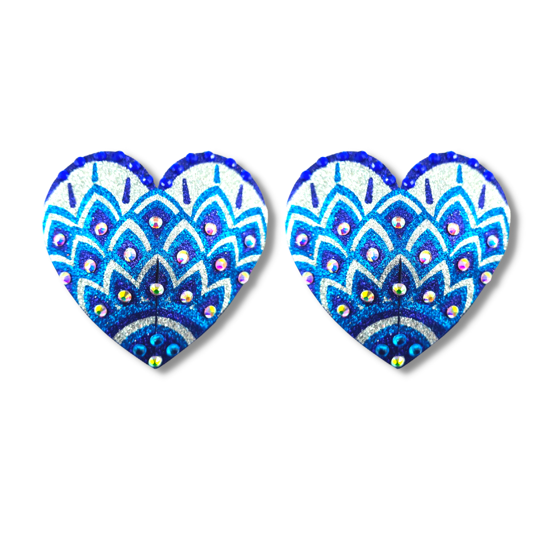 JOSEPHINE Blues and White Mosaic Glitter Heart and Gem Nipple Pasty, Covers (2pcs) for Burlesque Lingerie Raves and Festivals