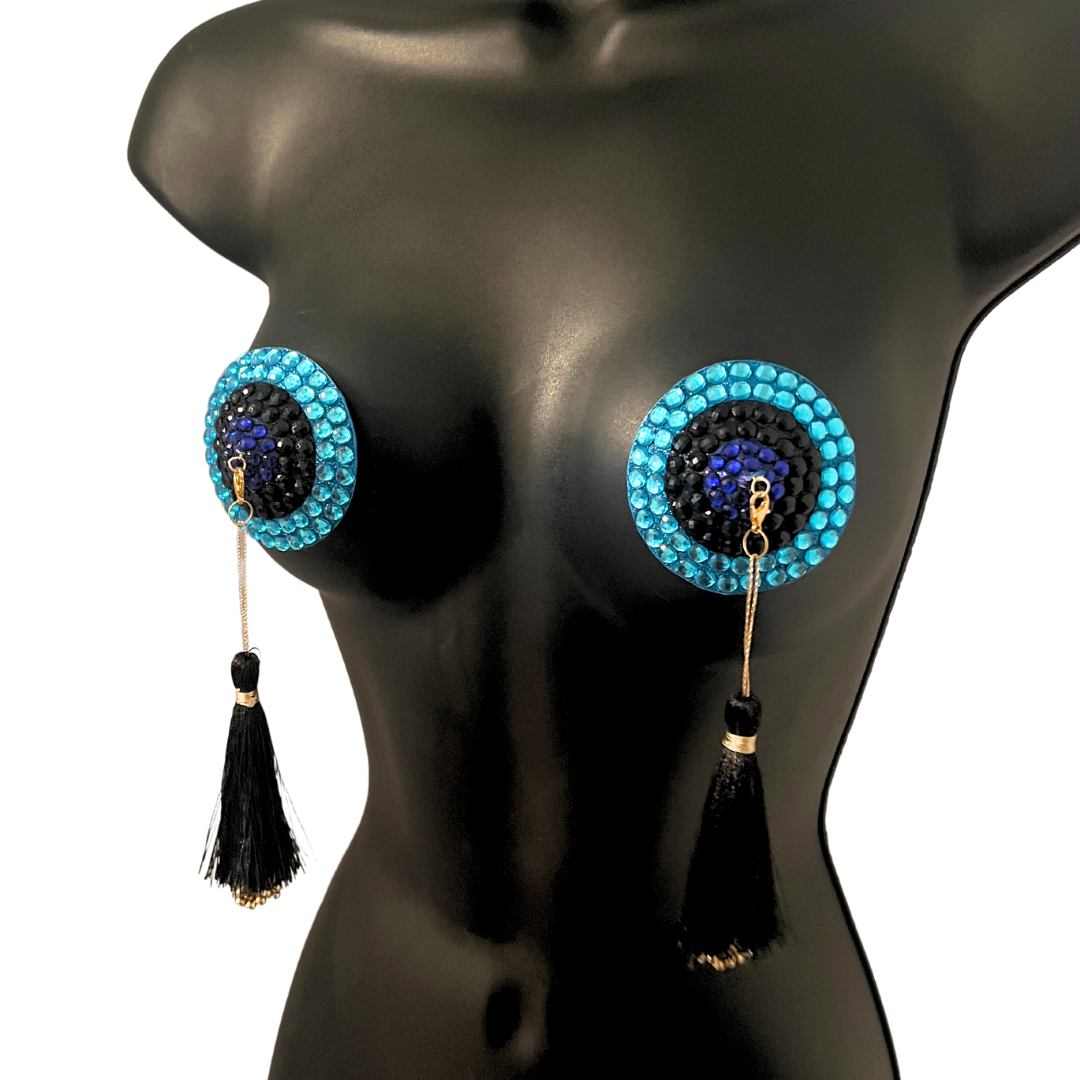 VELVET UNDERGROUND Blue, Aqua and Black Crystal Pasties, Nipple Covers with Tassels (2pcs