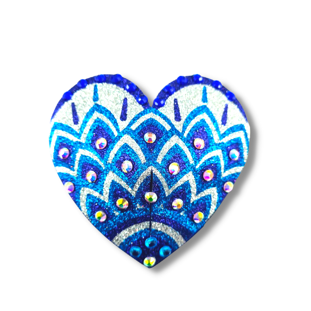 JOSEPHINE Blues and White Mosaic Glitter Heart and Gem Nipple Pasty, Covers (2pcs) pour les raves et les festivals de lingerie burlesque