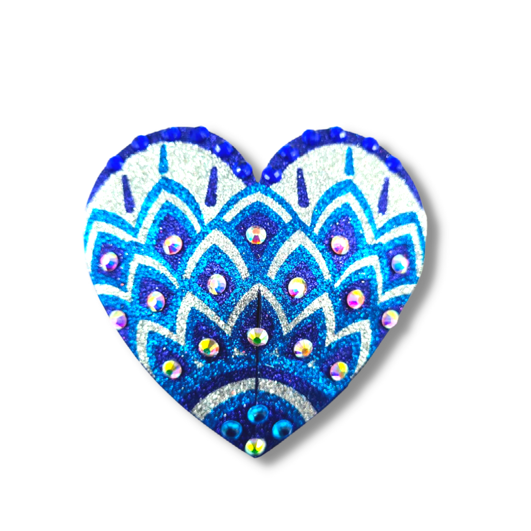 JOSEPHINE Blues and White Mosaic Glitter Heart and Gem Pezón Pasty, Cubiertas (2 piezas) para Raves y Festivales de Lencería Burlesca