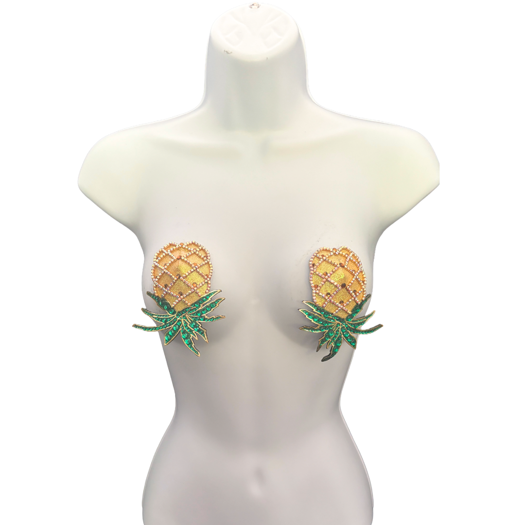 PINA COLADA Pineapple Rhinestone Nipple Pasties, Covers 2PCS
