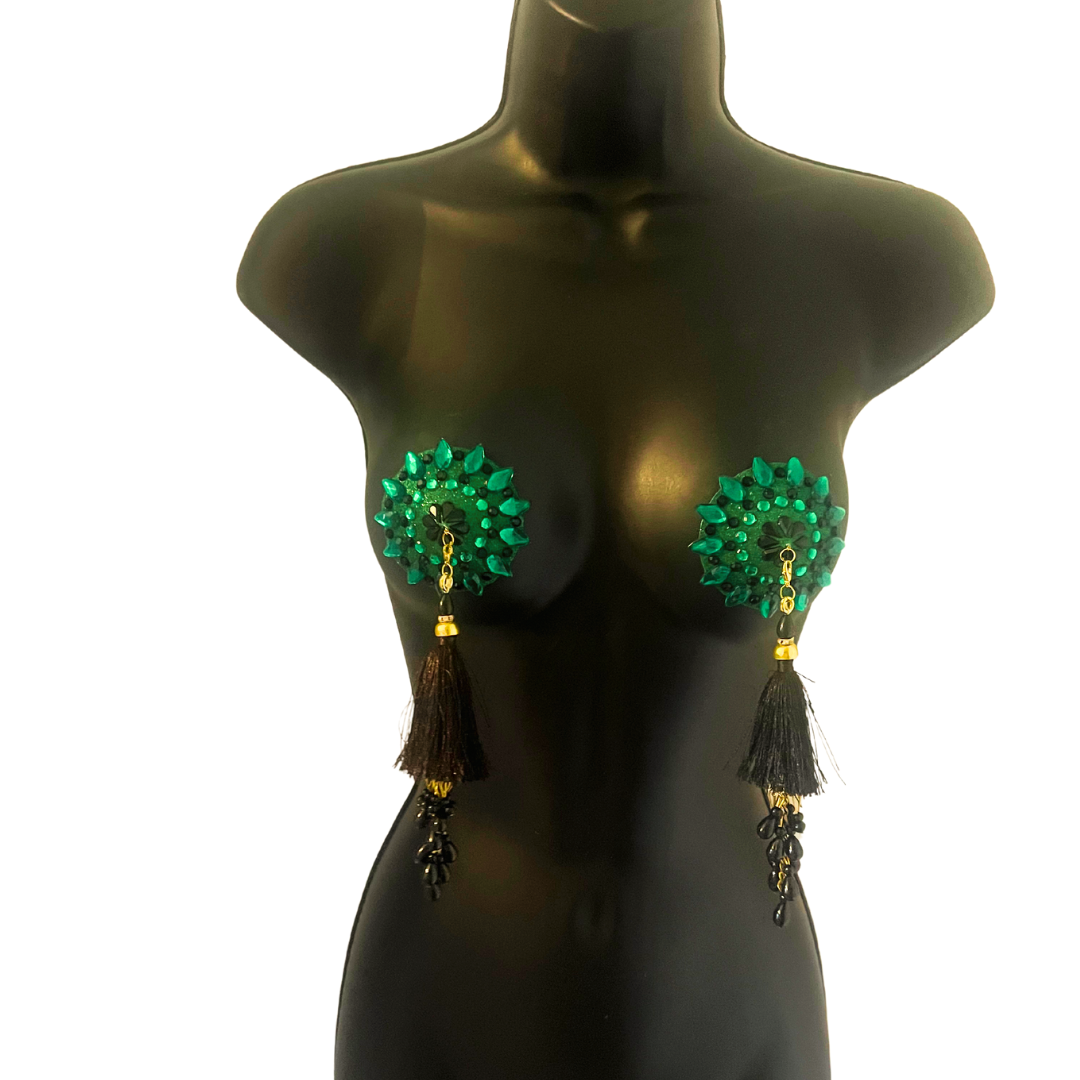 POUSSÉ CAFÉ Green & Black Crystal Nipple Pasty, Nipple Cover (2pcs) with Removable Beaded Tassels