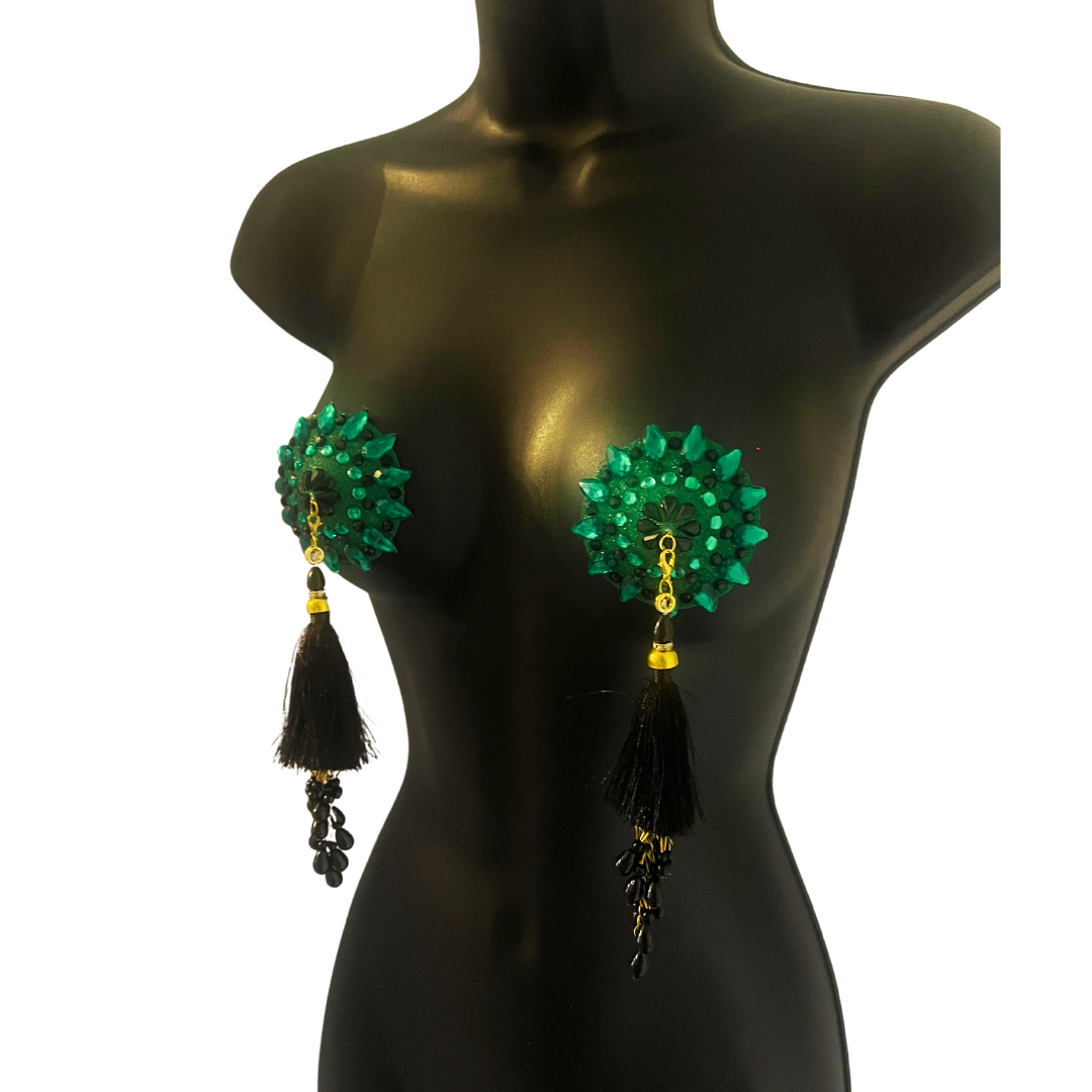 POUSSÉ CAFÉ Green & Black Crystal Nipple Pasty, Nipple Cover (2pcs) with Removable Beaded Tassels
