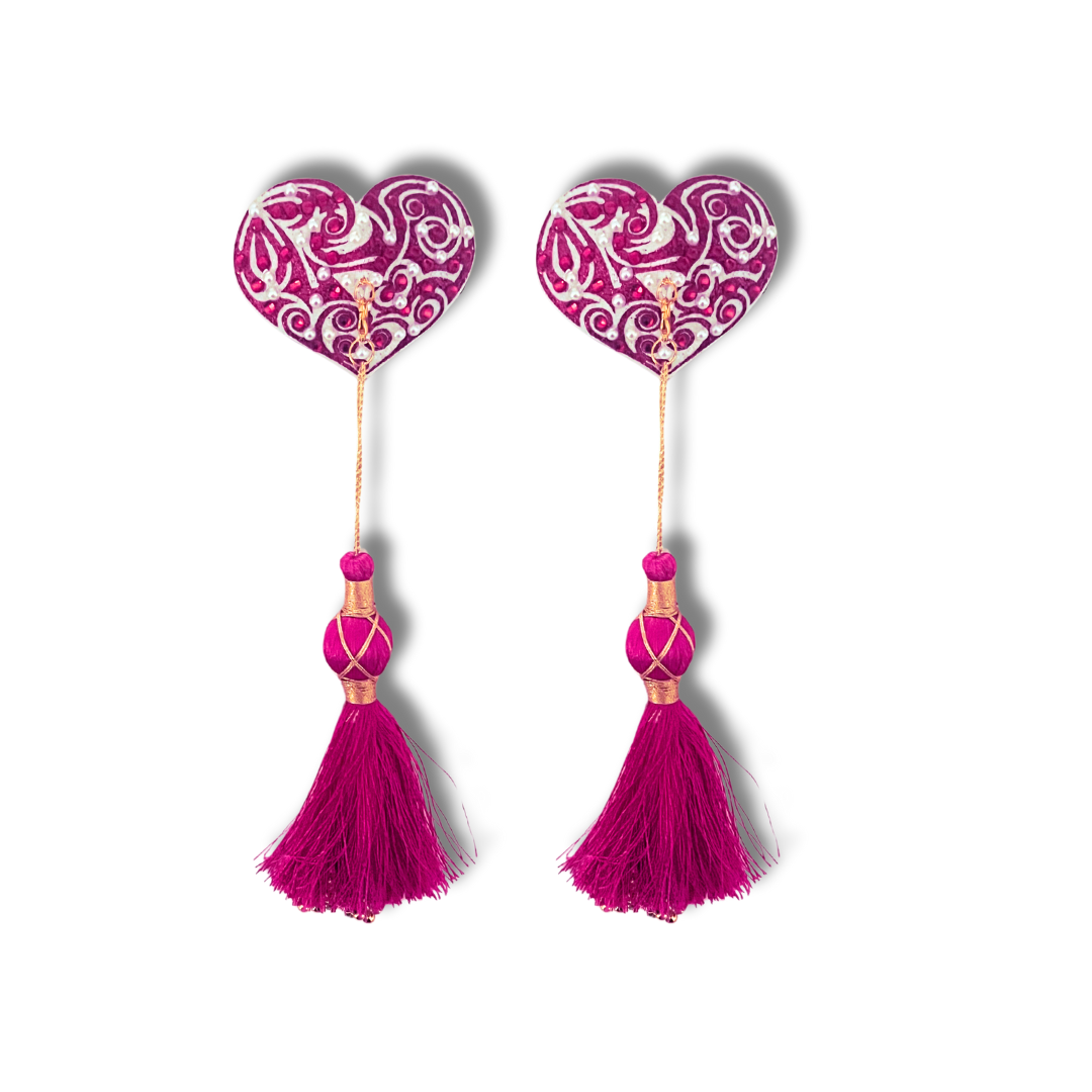 VIVIENNE Cache-tétons roses et blancs, pierres précieuses et perles, pompons (2 pièces) avec pompons amovibles pour lingerie carnaval burlesque rave