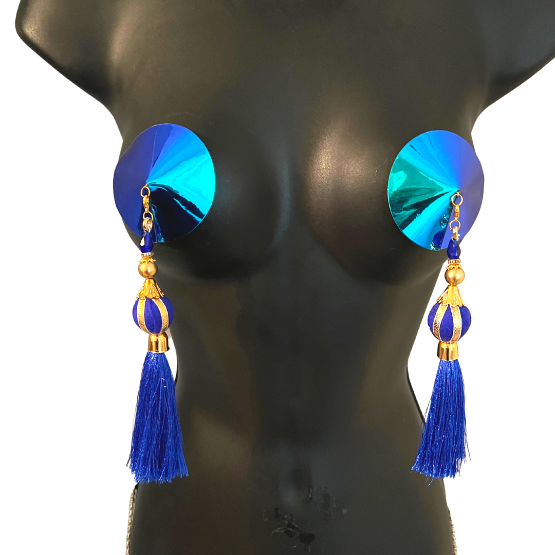 MINA VON VIXEN Royal Blue Nipple Pasty, Covers (2pcs) with 2 Pairs of Removable Tassels! For Lingerie Festivals Carnival Burlesque Raves