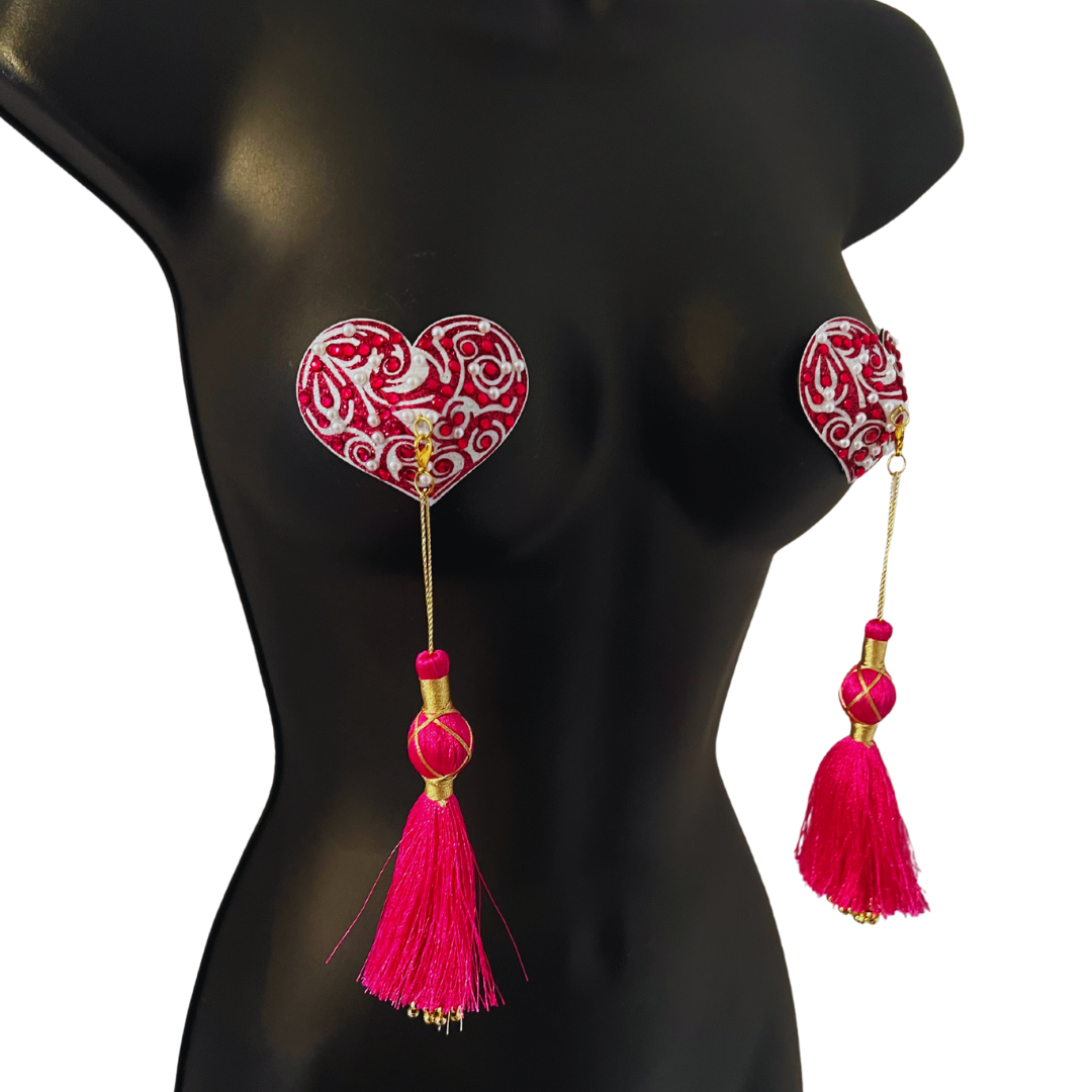 VIVIENNE Cache-tétons roses et blancs, pierres précieuses et perles, pompons (2 pièces) avec pompons amovibles pour lingerie carnaval burlesque rave