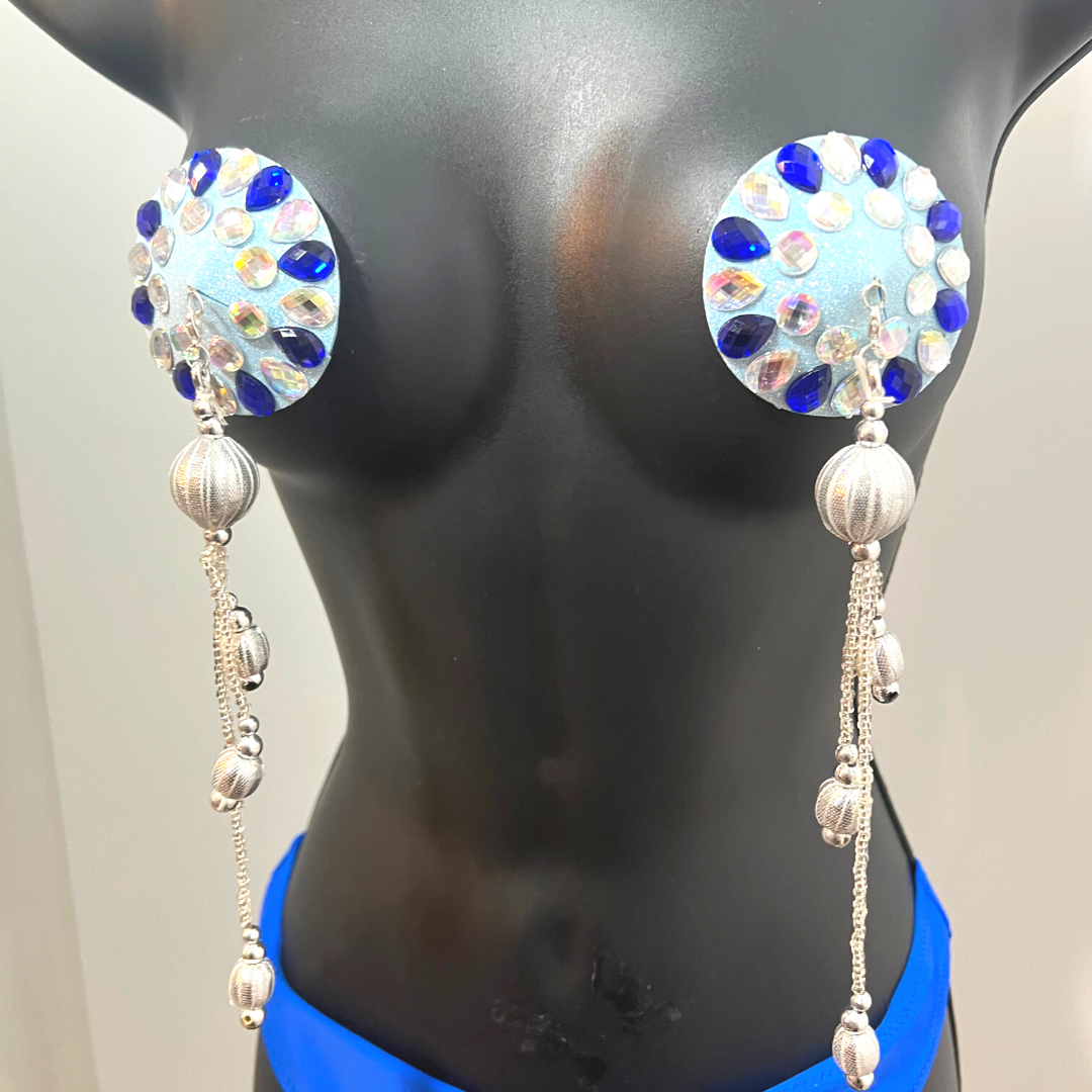 MISTY MOUNTAIN HOP, Blues & Iridescent Nipple Cover (2pcs) w Intricate Silver Beaded Tassels for Bridal Lingerie Carnival Burlesque Rave