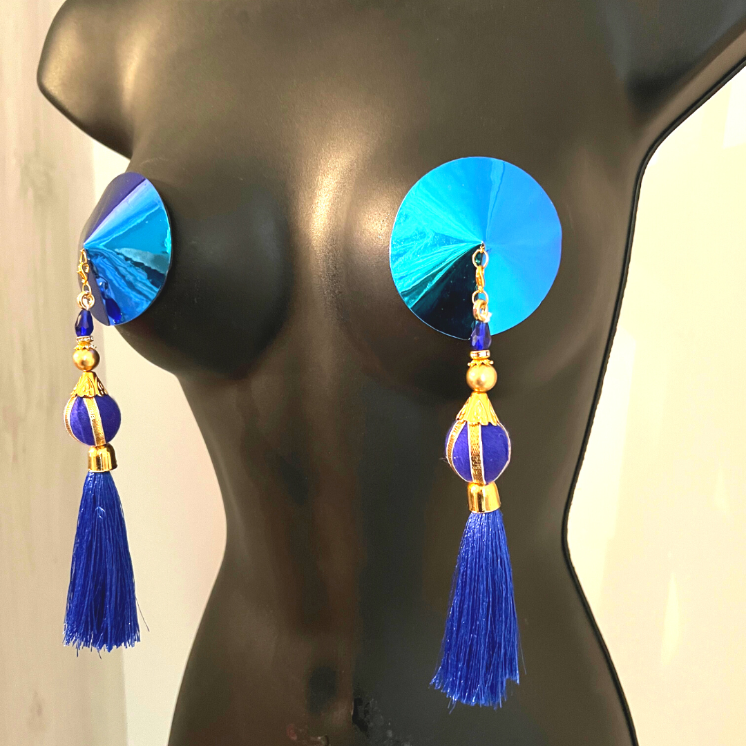 MINA VON VIXEN Royal Blue Nipple Pasty, Covers (2pcs) with 2 Pairs of Removable Tassels! For Lingerie Festivals Carnival Burlesque Raves