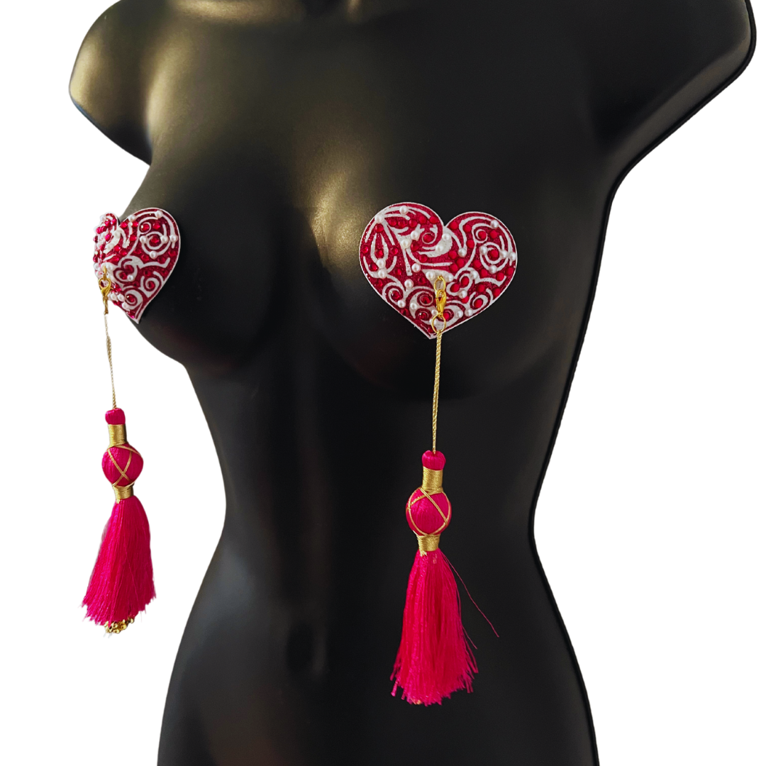 VIVIENNE Cache-tétons roses et blancs, pierres précieuses et perles, pompons (2 pièces) avec pompons amovibles pour lingerie carnaval burlesque rave