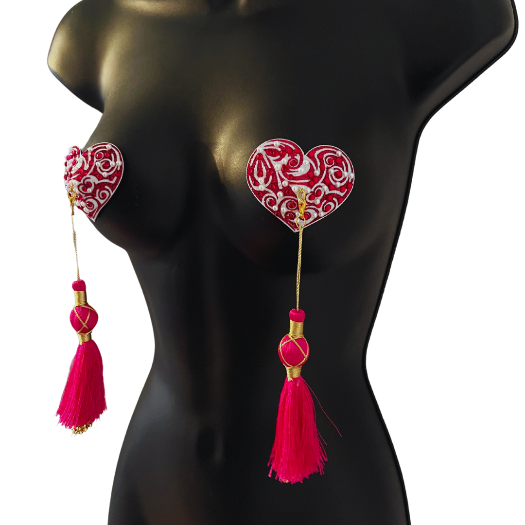 VIVIENNE Pink and White, Gem and Pearl Nipple Pasties, Tassels (2pcs) with Removable Tassels for Lingerie Carnival Burlesque Rave