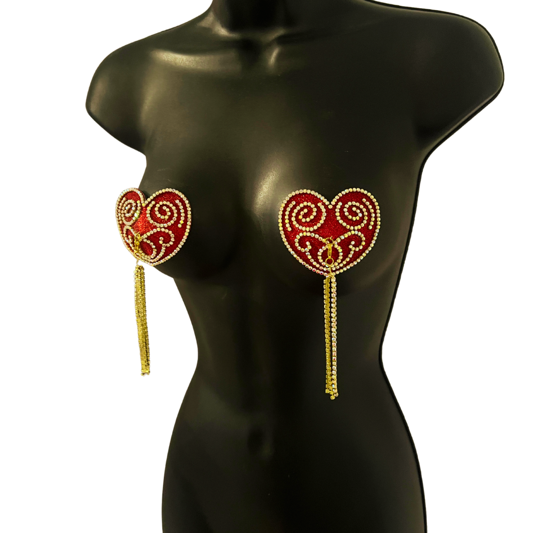 SWEET TEMPTATION Red Glitter, Crystal Nipple Pasty, Nipple Cover (2pcs) with Removable Rhinestone Tassels - 2 sizes!