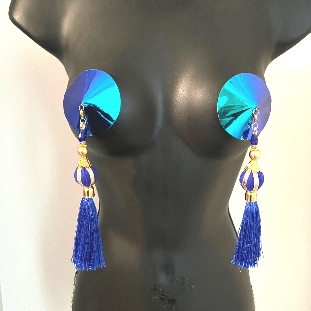 MINA VON VIXEN Pâte à tétons bleu royal, cache-tétons (2 pièces) avec 2 paires de pompons amovibles ! Pour les festivals de lingerie Carnaval Burlesque Raves