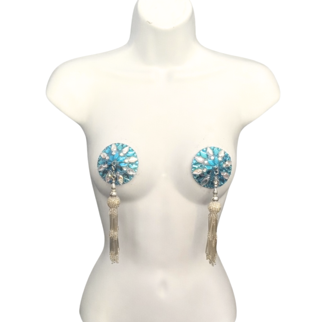 NEPTUNE'S TEMPTATION Aqua and AB Gem Pasties, Nipple Covers with Removable Tassels