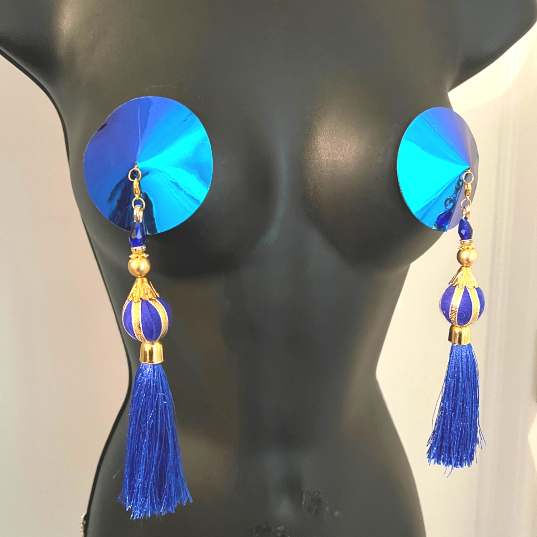 MINA VON VIXEN Pâte à tétons bleu royal, cache-tétons (2 pièces) avec 2 paires de pompons amovibles ! Pour les festivals de lingerie Carnaval Burlesque Raves