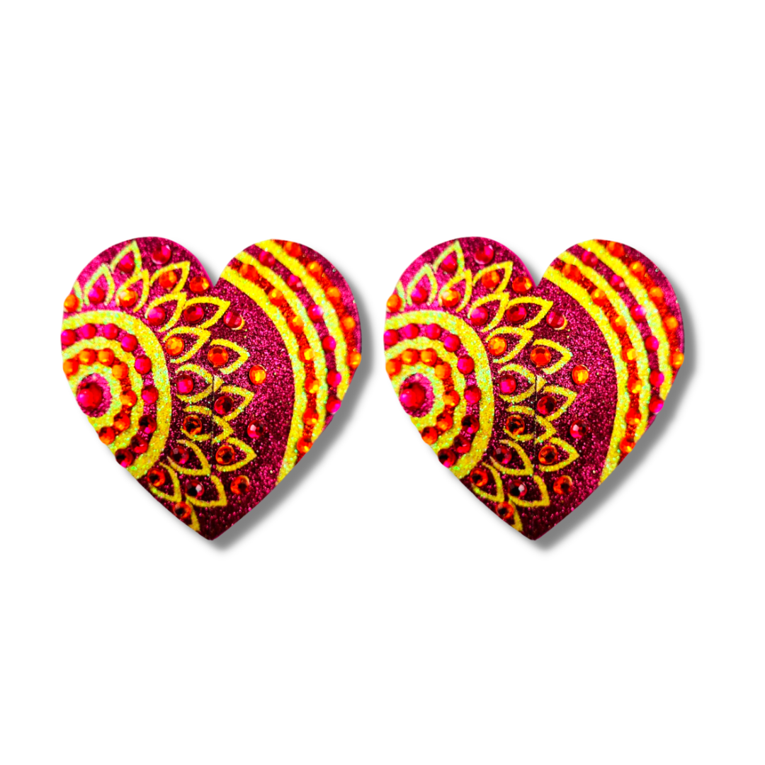 LOLA Rose et Jaune Mosaïque Paillettes Coeur et Gem Nipple Pasty, Couvre (2pcs) pour Raves et Festivals de Lingerie Burlesque