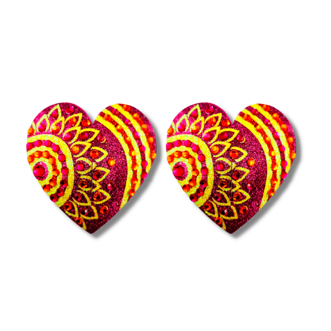 LOLA Pastel de pezón de gema y corazón con brillo de mosaico rosa y amarillo, cubiertas (2 piezas) para raves y festivales de lencería burlesca