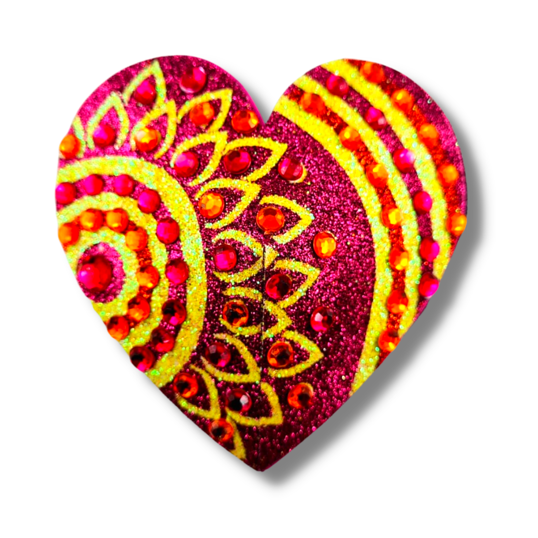LOLA Pastel de pezón de gema y corazón con brillo de mosaico rosa y amarillo, cubiertas (2 piezas) para raves y festivales de lencería burlesca
