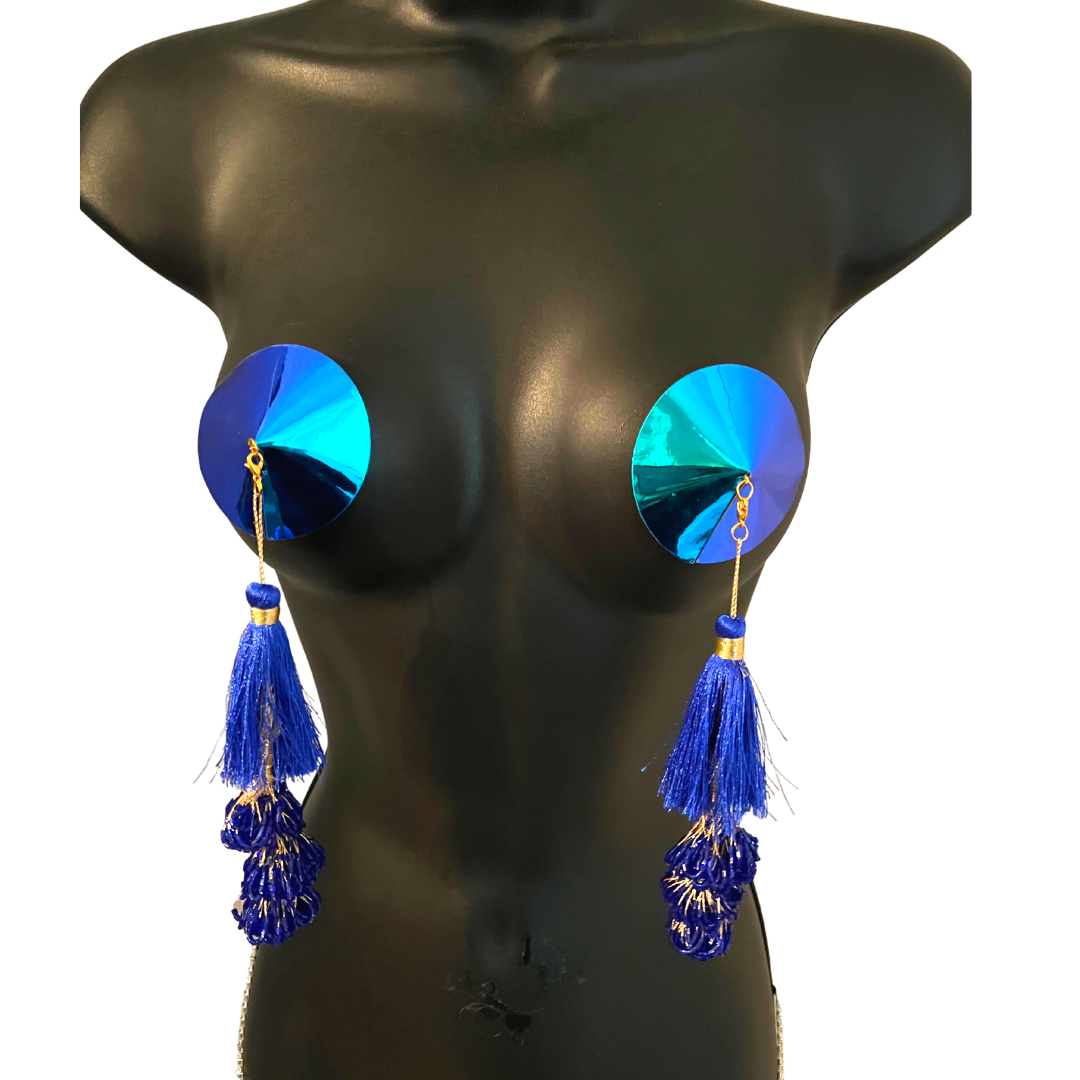 MINA VON VIXEN Royal Blue Nipple Pasty, Covers (2pcs) with 2 Pairs of Removable Tassels! For Lingerie Festivals Carnival Burlesque Raves