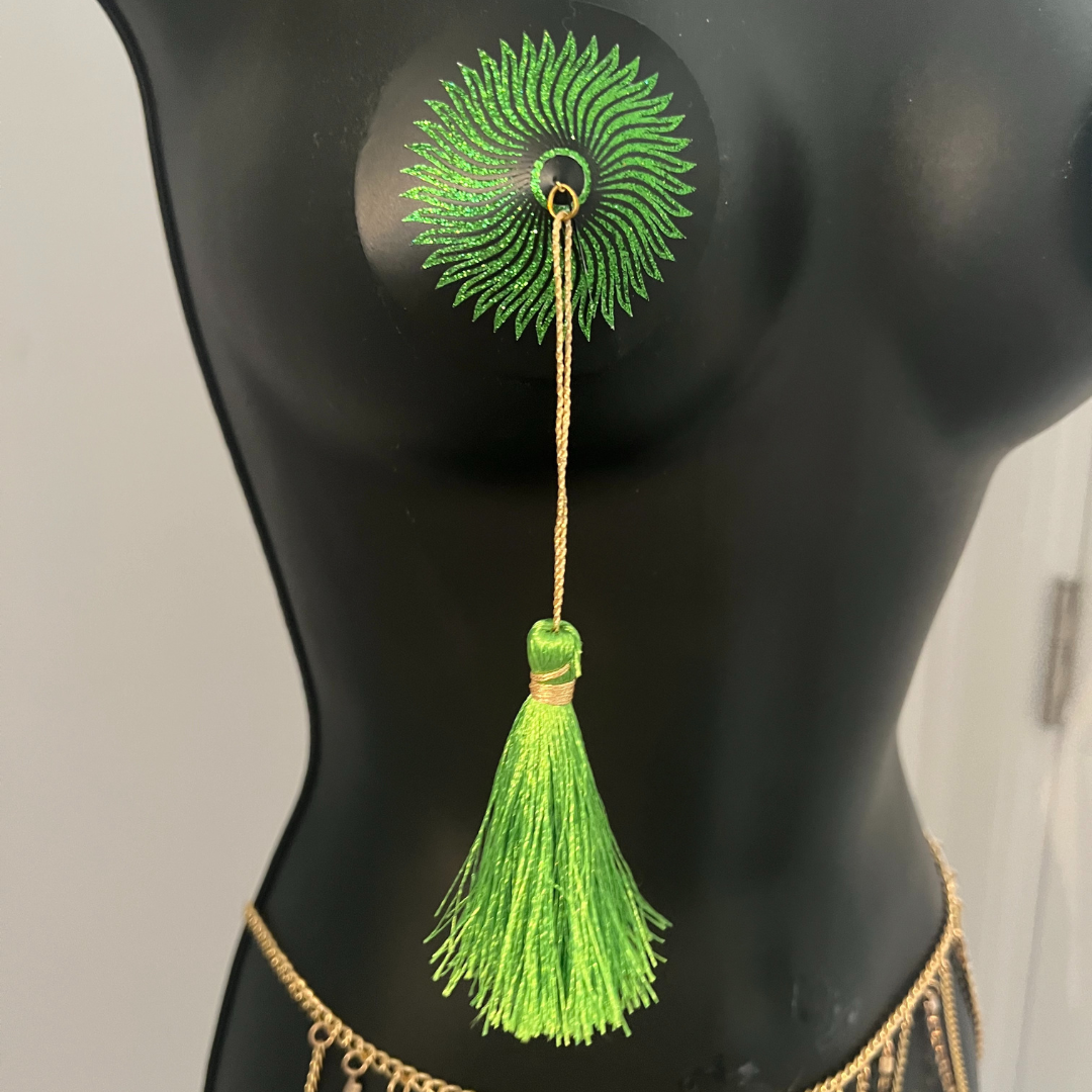 SUN GODDESS Glitter and Black Nipple Pasty, Cover (2pcs) with Gold Beaded Tassel Burlesque Lingerie Raves and Festivals