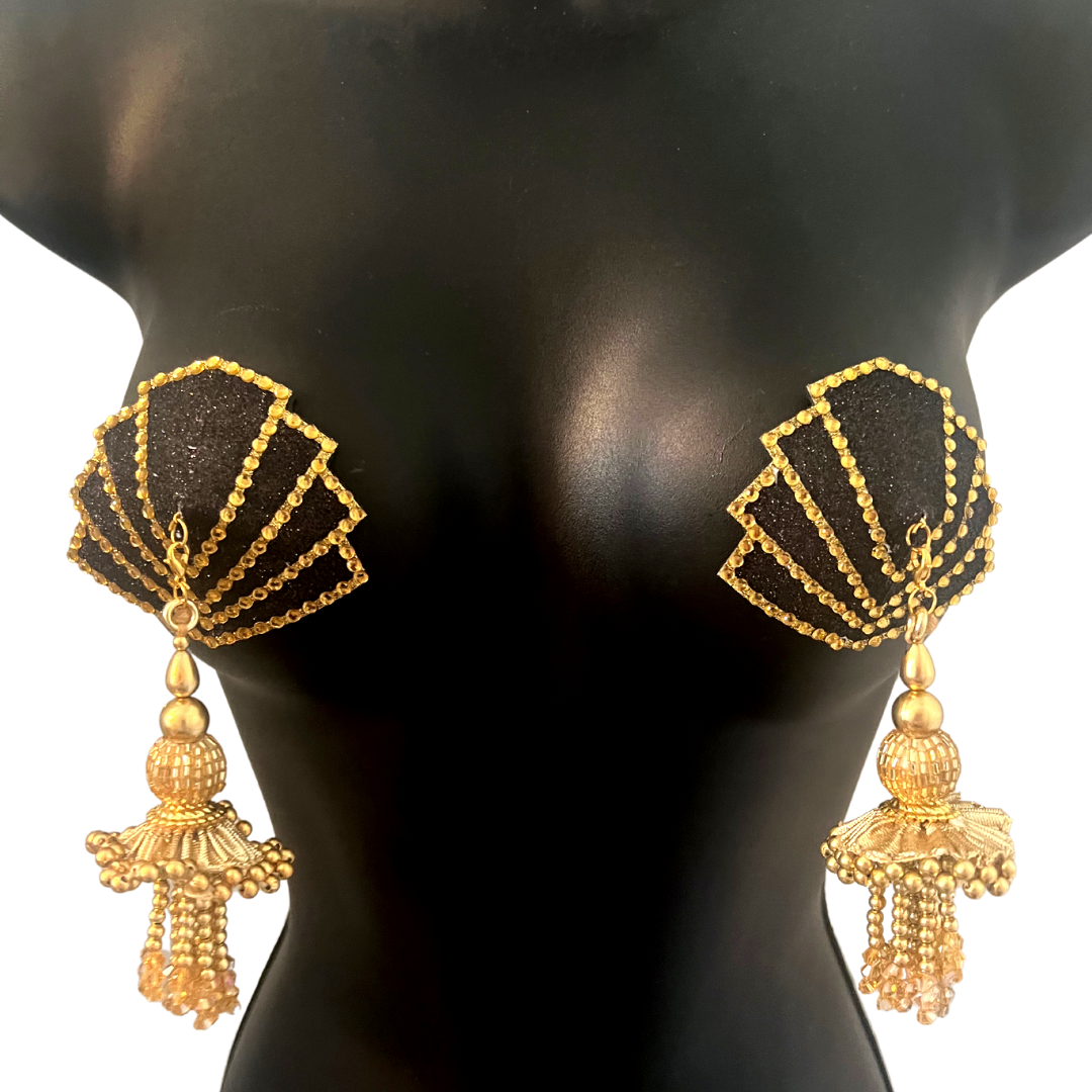FANGIRL Black Glitter and Gold Gem Fan Shape Nipple Cover (2pcs) Pasties w/ Intricate Removable Tassels for Lingerie Carnival Burlesque Rave