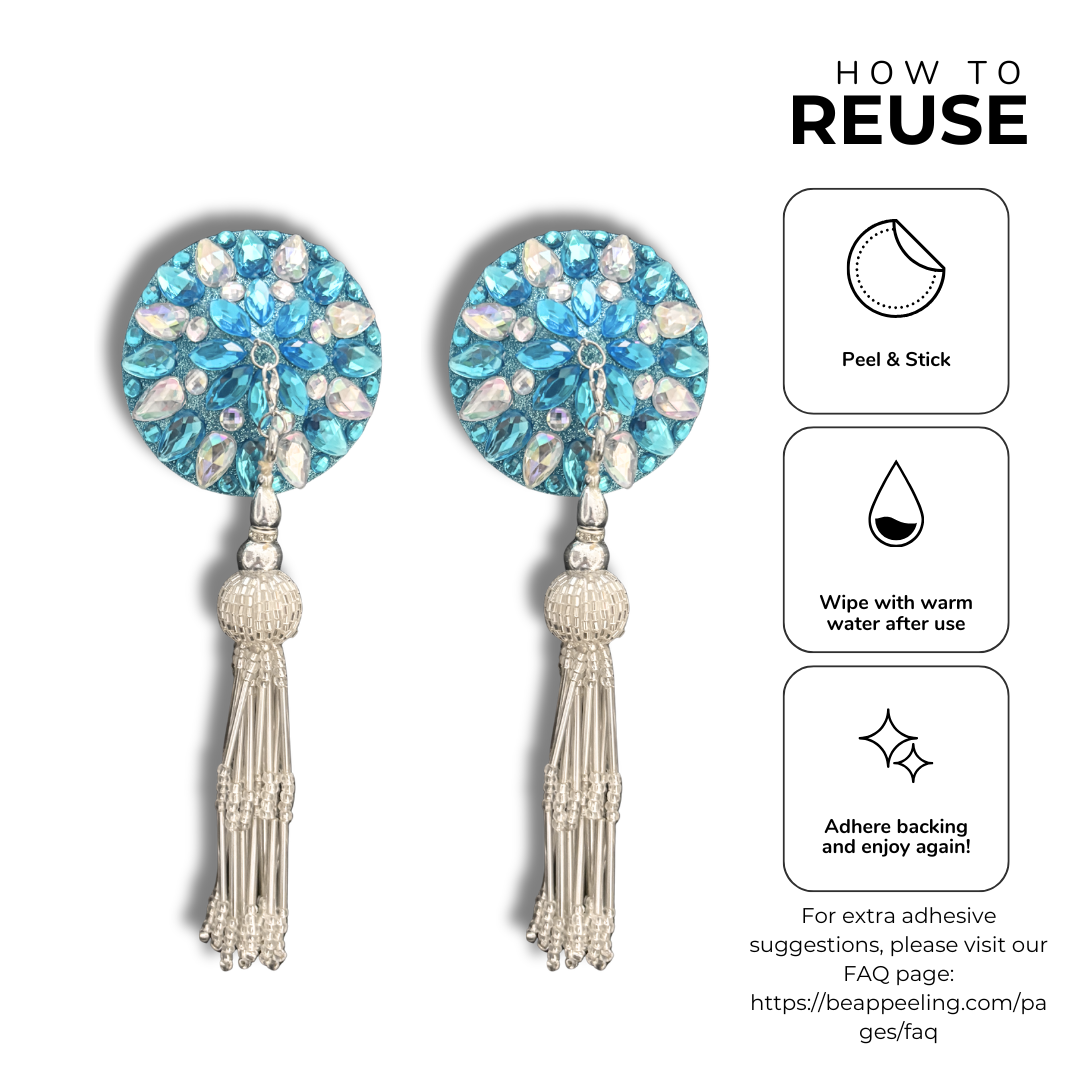NEPTUNE'S TEMPTATION Aqua and AB Gem Pasties, Nipple Covers with Removable Tassels