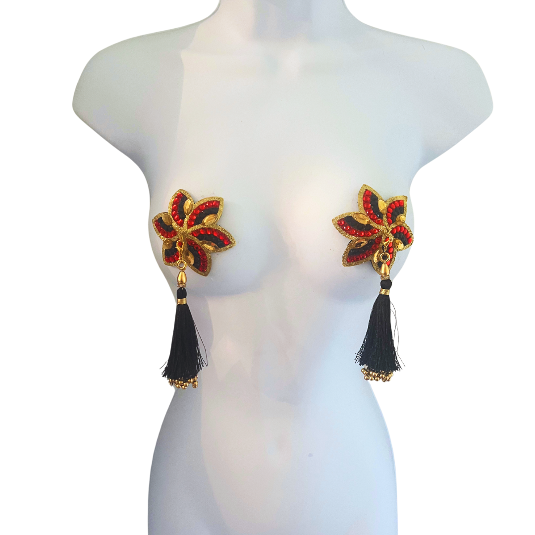 STELLA Red, Gold and Black Star Shape Nipple Pasties Covers (2pcs) with Removable Tassels