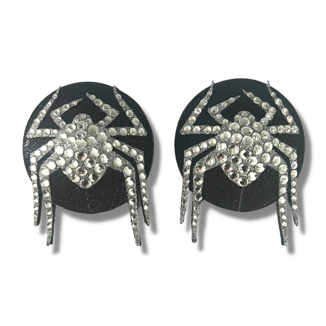 MISS MUFFET Pasties de pezón de araña negros y plateados, fundas (2 piezas) para lencería Burlesque Raves Halloween (reutilizables)