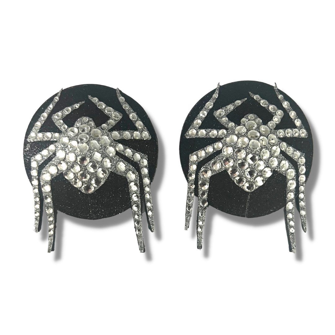 MISS MUFFET Black and Silver Spider Nipple Pasties, Covers (2pcs) for Burlesque Raves Lingerie Halloween (reusable)