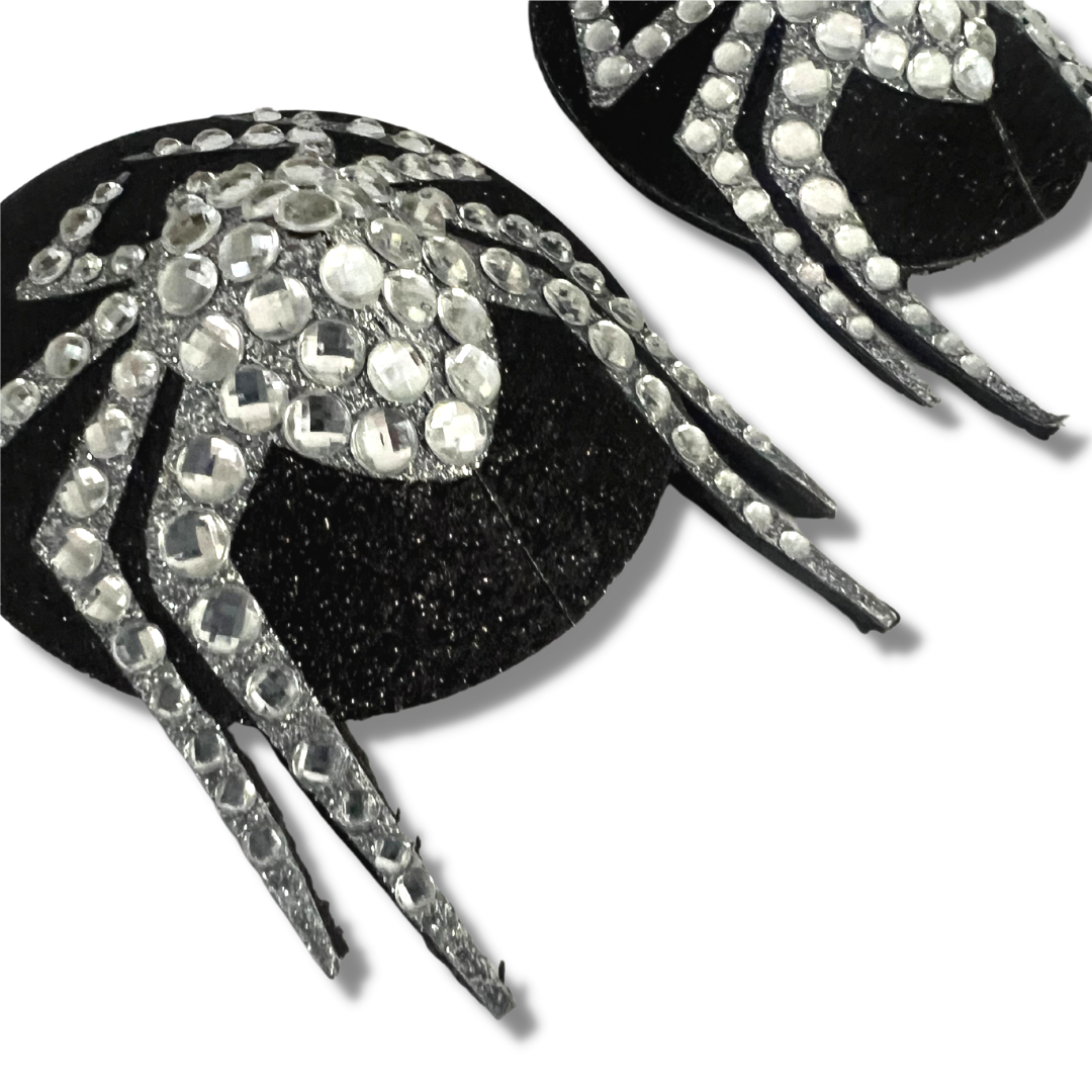 MISS MUFFET Black and Silver Spider Nipple Pasties, Covers (2pcs) for Burlesque Raves Lingerie Halloween (reusable)