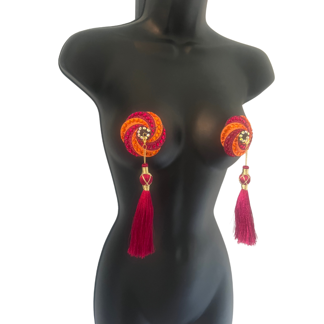 RASPBERRY SORBET Burgundy and Orange Swirl Nipple Pasties, Covers (2pcs) with Removable Tassels
