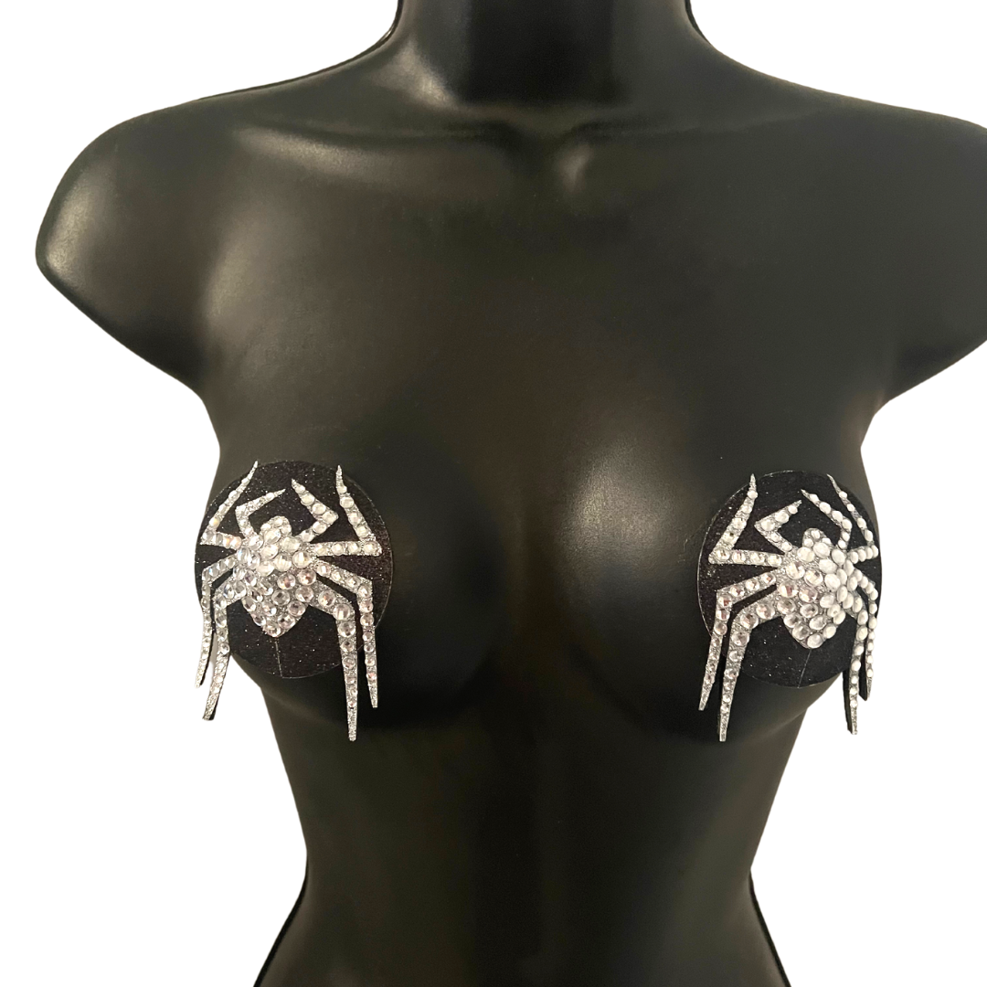 MISS MUFFET Black and Silver Spider Nipple Pasties, Covers (2pcs) pour Burlesque Raves Lingerie Halloween (réutilisable)