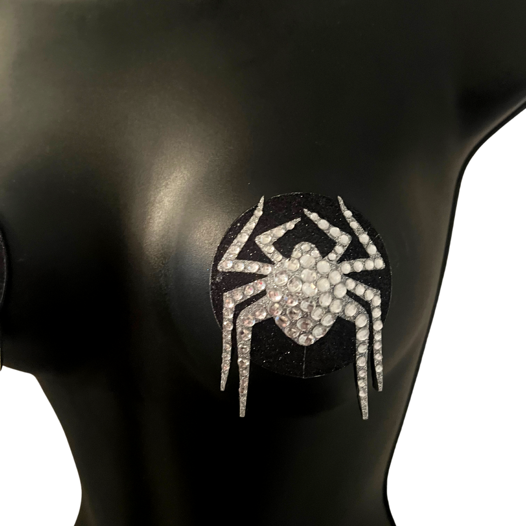 MISS MUFFET Black and Silver Spider Nipple Pasties, Covers (2pcs) for Burlesque Raves Lingerie Halloween (reusable)