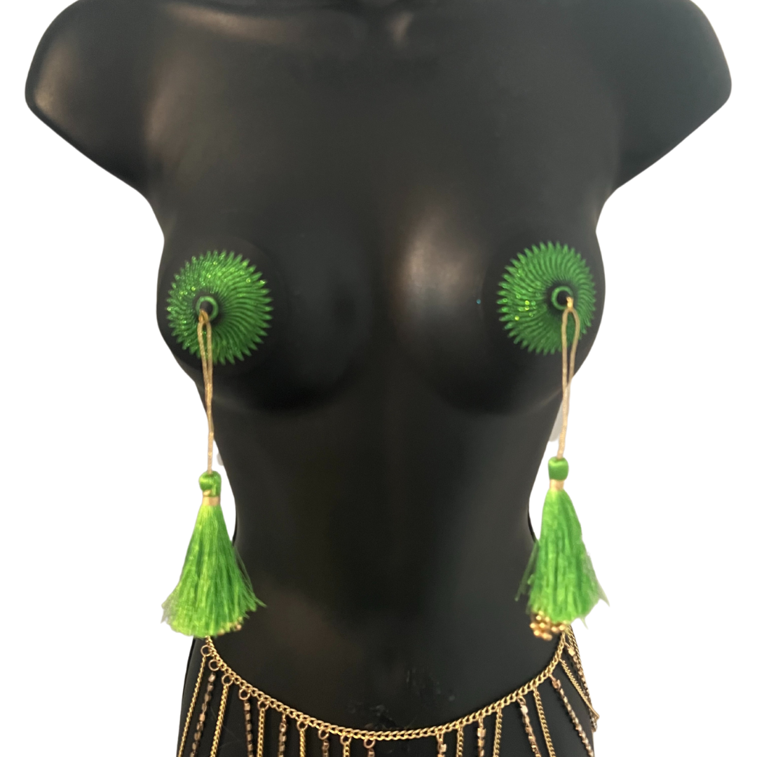 SUN GODDESS Glitter et Black Nipple Pasty, Cover (2pcs) avec pompon perlé doré Burlesque Lingerie Raves et Festivals