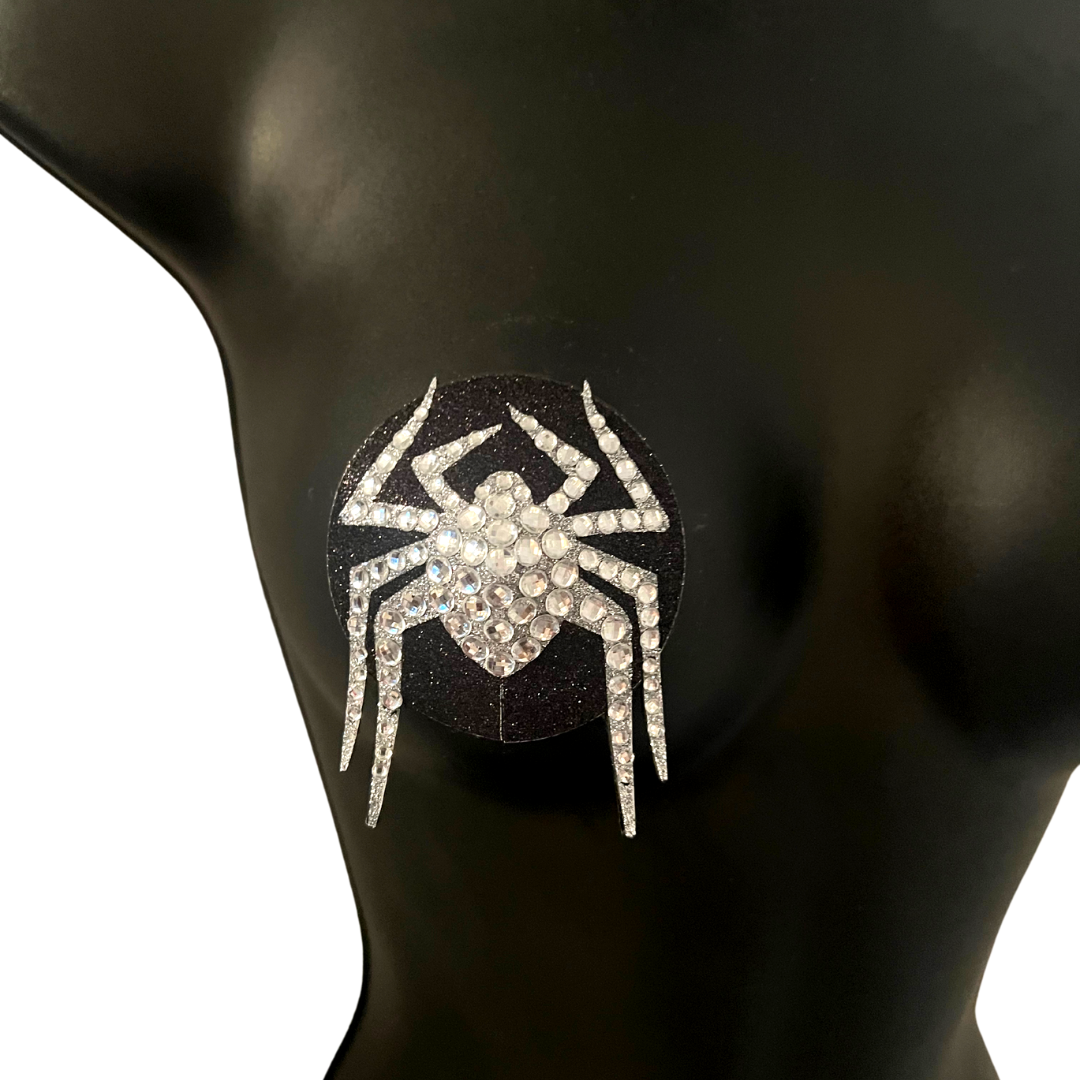 MISS MUFFET Black and Silver Spider Nipple Pasties, Covers (2pcs) pour Burlesque Raves Lingerie Halloween (réutilisable)