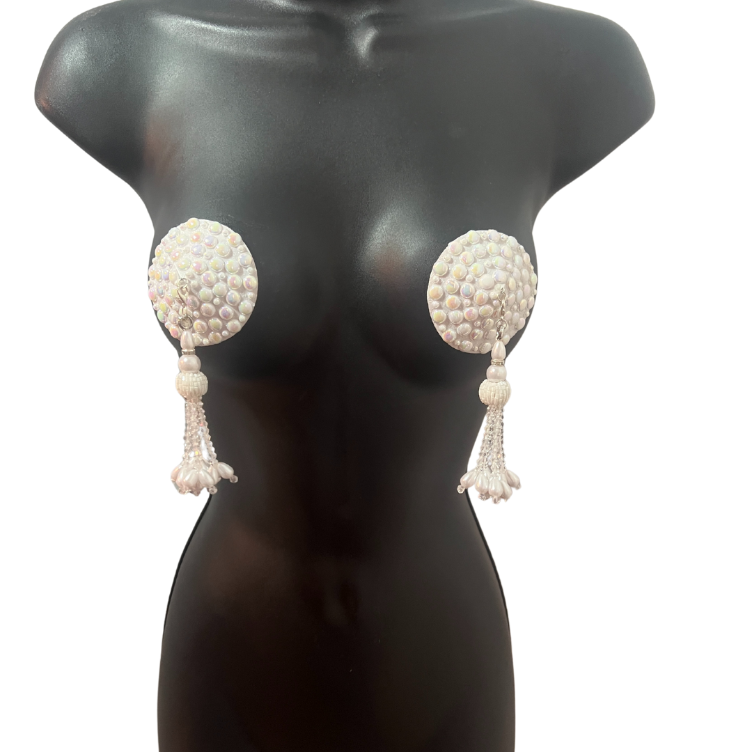 MERMAID'S KISS White Pearl Nipple Pasties, Covers (2 PCS) with Removable Crystal and Pearl Tassels