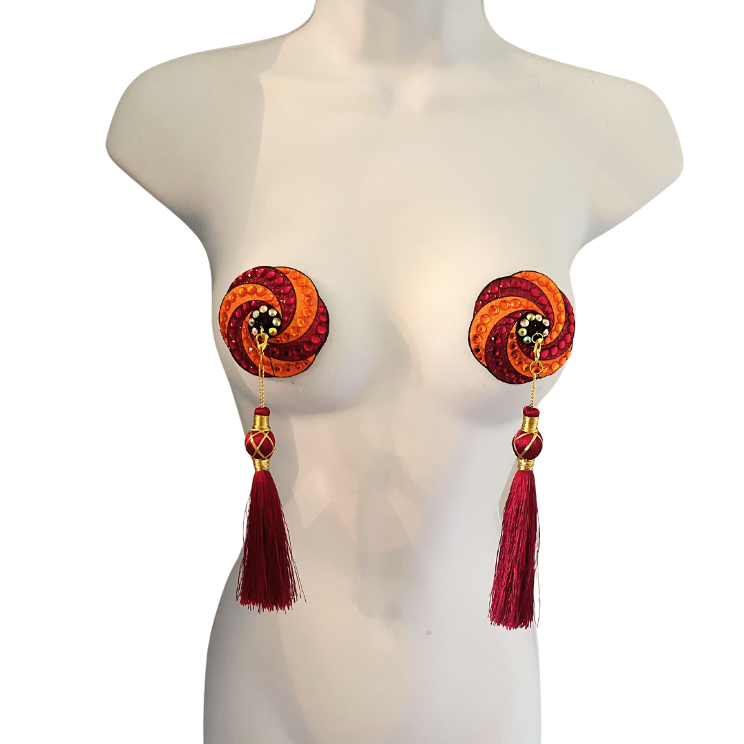 RASPBERRY SORBET Burgundy and Orange Swirl Nipple Pasties, Covers (2pcs) with Removable Tassels