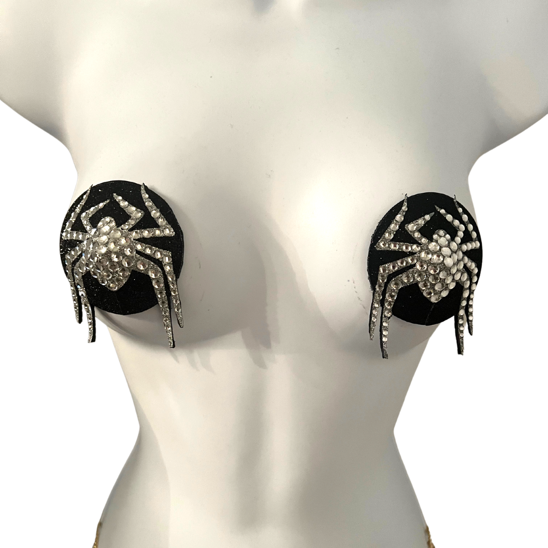 MISS MUFFET Black and Silver Spider Nipple Pasties, Covers (2pcs) for Burlesque Raves Lingerie Halloween (reusable)
