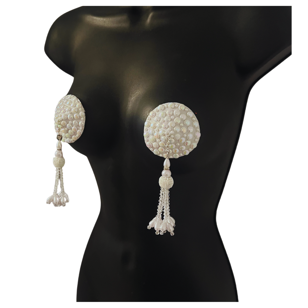 MERMAID'S KISS White Pearl Nipple Pasties, Covers (2 PCS) with Removable Crystal and Pearl Tassels