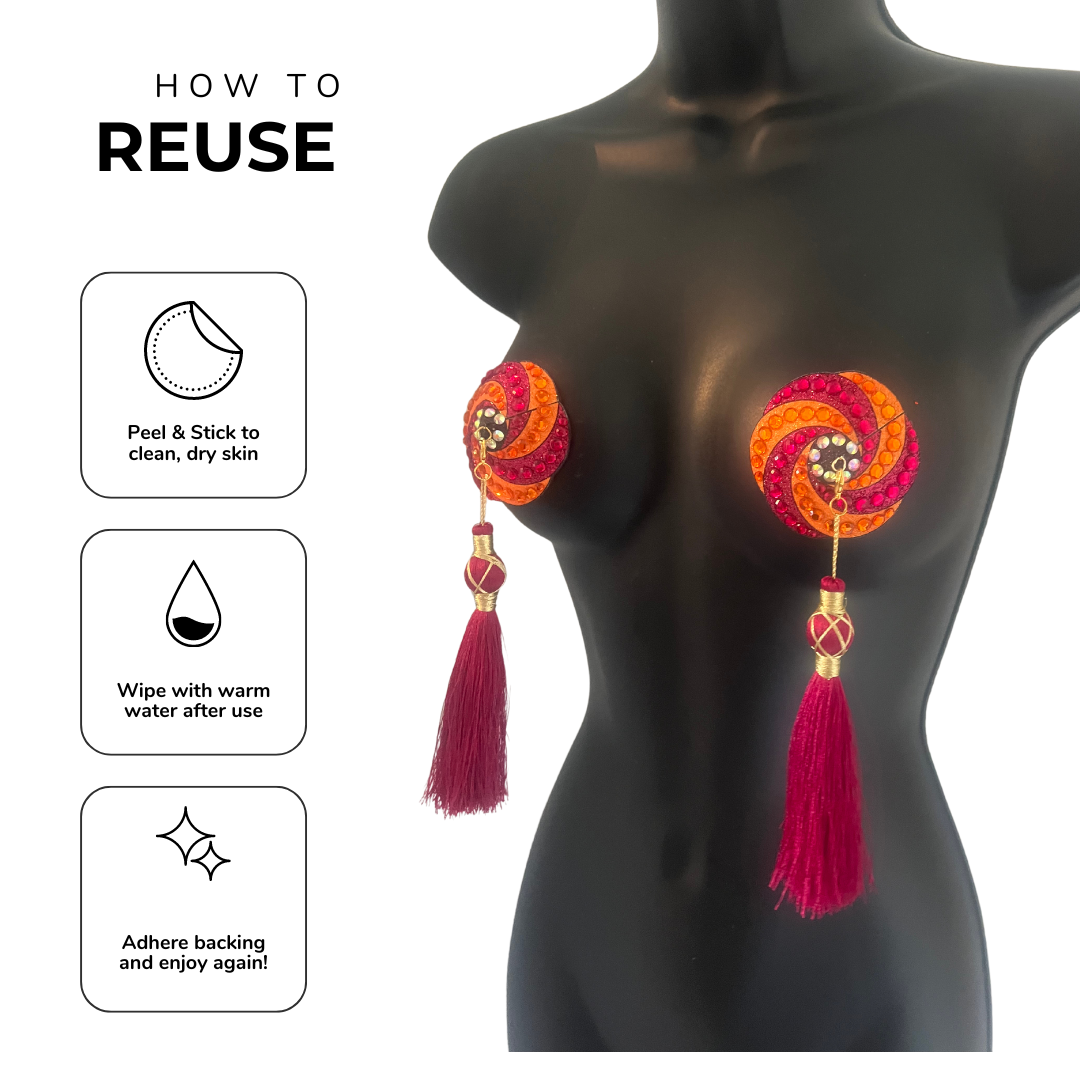 RASPBERRY SORBET Burgundy and Orange Swirl Nipple Pasties, Covers (2pcs) with Removable Tassels