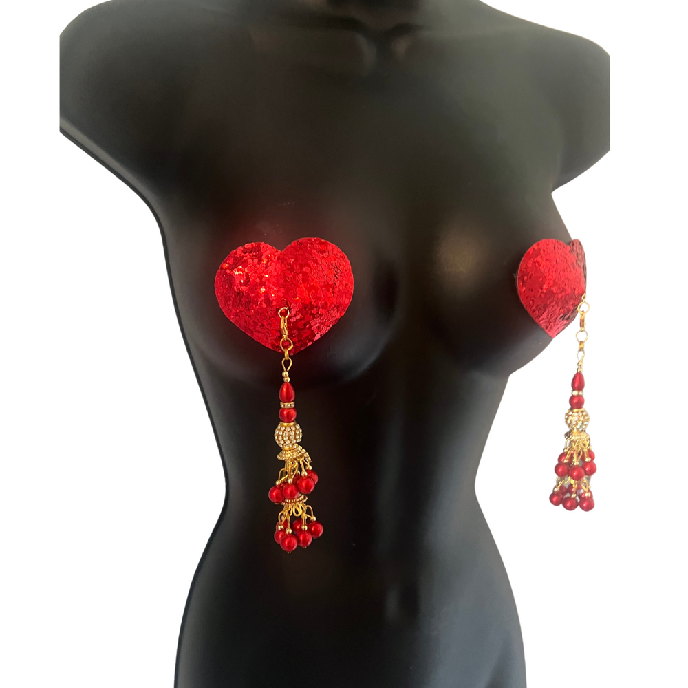 AMORÉ Red Heart Shape Nipple Pasties Covers (2pcs) with Removable Tass