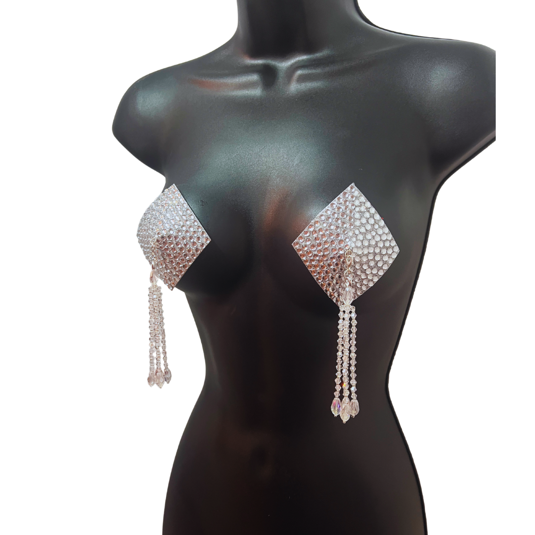 DIAMANTE (5 colours!) Diamond Shape Crystal Pasties, Covers (2 PCS) with Removable Crystal and Tassels