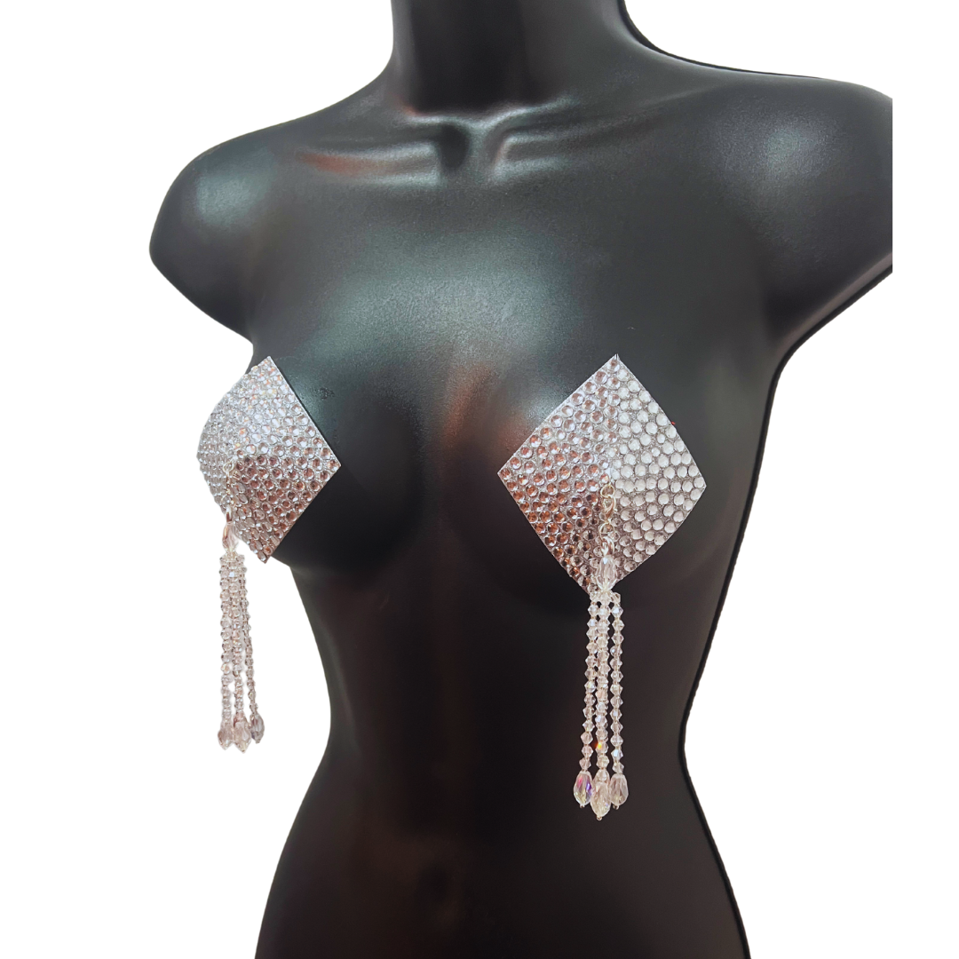 DIAMANTE (5 colours!) Diamond Shape Crystal Pasties, Covers (2 PCS) with Removable Crystal and Tassels